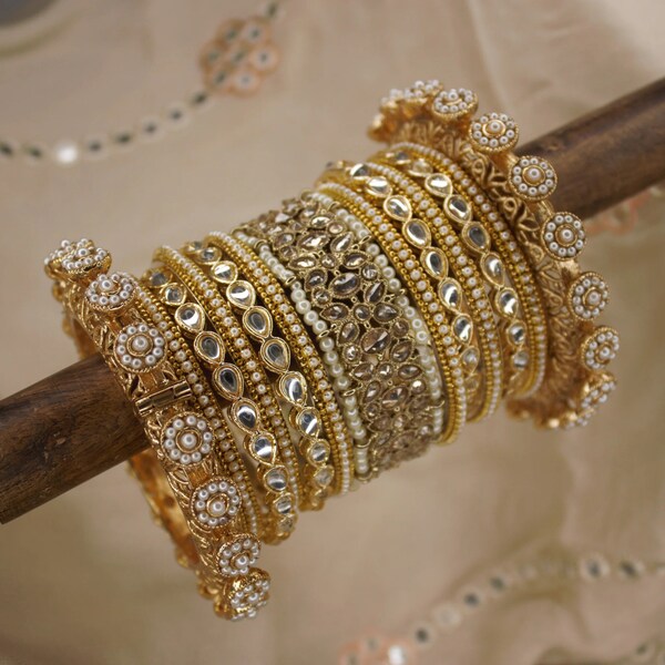 Conjunto de brazalete Ranisa de oro con perla kada de Kundan, brazaletes de novia, conjunto de Choora nupcial Boda Eid Karwachauth Navratri Bollywood Choora