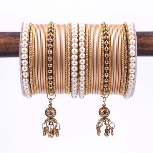 Indian bangle set , Bridal bangles, Metal bangles, Traditonal wedding jewelry, Brass Metal and Pearl Bridal Bangle Set with Jhumki