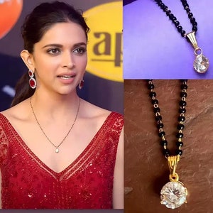 Mangalsutra / Gold plated Mangalsutra / Deepika Padukon / Indian Jewelry / Black Beads Necklace / American CZ Single Diamond Mangalsutra