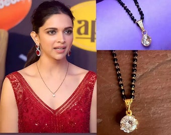 Mangalsutra / Gold plated Mangalsutra / Deepika Padukon / Indian Jewelry / Black Beads Necklace / American CZ Single Diamond Mangalsutra