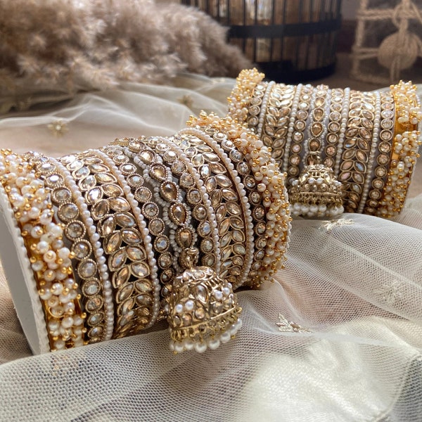 Indian Bangle Set, Golden Stone pearl Indian Asian bangles with jhumki, Wedding bangles, Indian jewelry, Bridal bangles, jhumki bangles