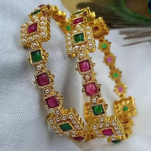 Gold Indian Bangle set, Wedding Bangles, 22k Gold Plated, Semi precious Emerald Bangles, Bracelet Set, Kadas, Mix n Match bangles