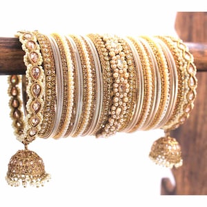 Pearl Indian Bangles Bracelet Set with Jhumki Borders, Indian wedding bangle set, Indian Pakistani South Asian Bridal Nikkah Hand Jewellery