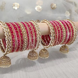 Indian Bangle Set in Different Colors Pearl Bangles Set with Jhumki Borders, Indian wedding Tassel Bangles Set Woman Jewelry Set