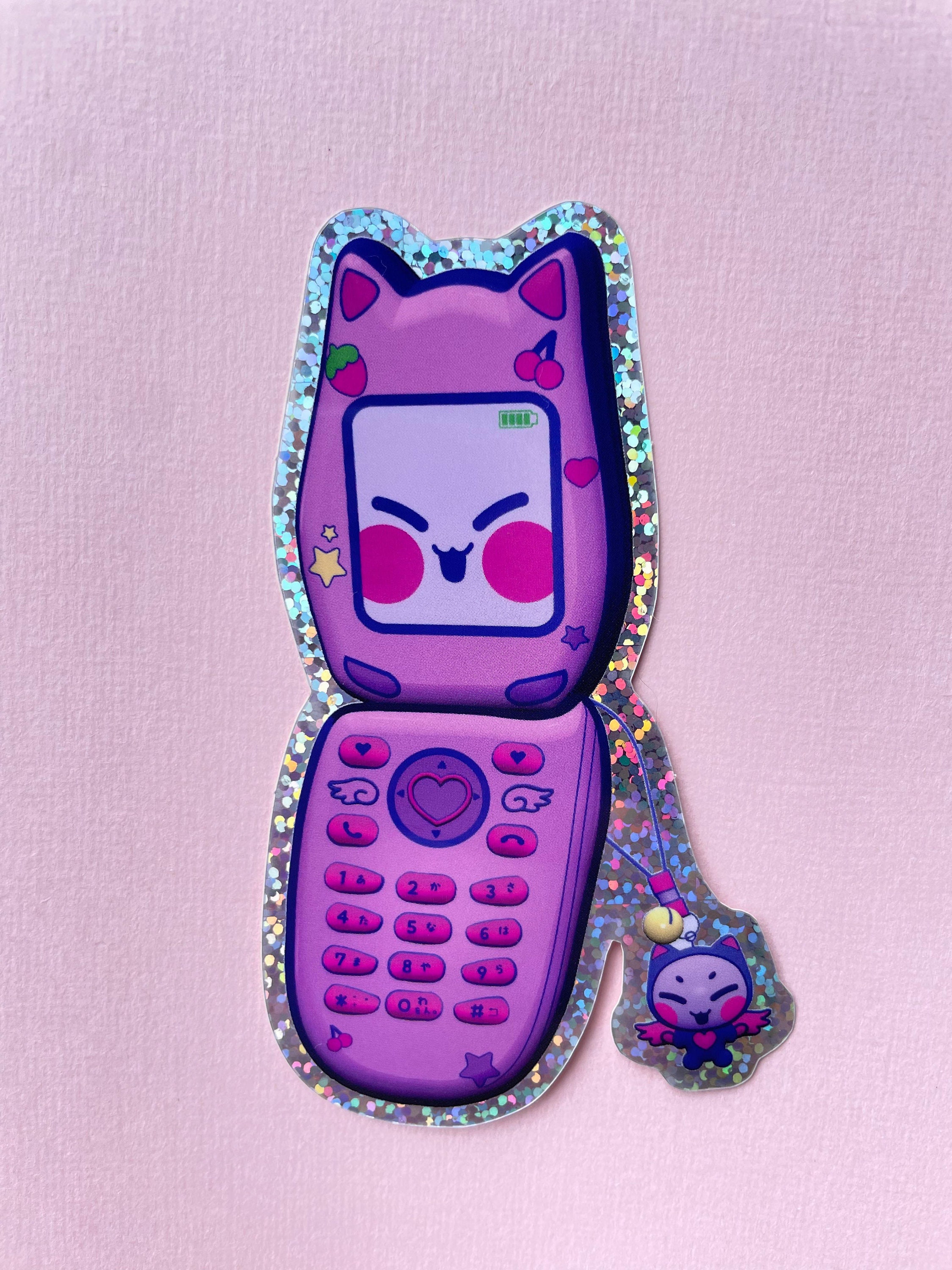 Y2K Cat Flip Phone 3D Vinyl Glitter Sticker 