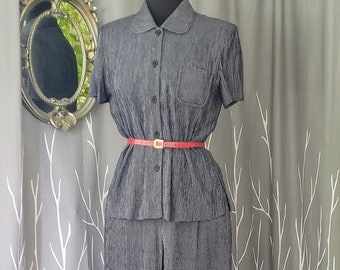 CHECKED PANT SUIT Vintage 90's Talbots Petites ~ Medium ~ Short Sleeve Jacket, Peter Pan Collar, Shoulder Pads, High Waist