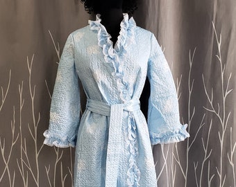 LONG GIVENCHY ROBE Vintage 90s Deadstock ~ Intimite Paris, Ruffled, Quilted & Cotton Lined, Baby Blue Housecoat New Old Stock ~ Small