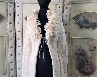 Kardigan z puszystym kołnierzykiem, vintage'owy sweter w stylu boho z roku 2000, rozmiar S ~ mieszanka wełny, gruba dzianina, styl Penny Lane, wiązanie z przodu, bardzo długie rękawy