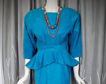 Teal BLUE SUEDE DRESS Vintage 1980s Leather Cut Out Back, Dolman Sleeves, Peplum, Shoulder Pads, Pencil Skirt w/ Back Slit, 25 inch waist