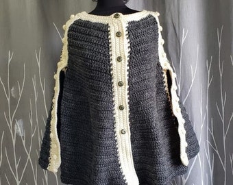 BUTTON FRONT CAPE Vintage 70s Handmade Crocheted Poncho ~ Dark Gray & Ivory, Button Detail, Hippie Boho Festival