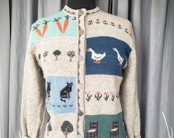 SPRING THEME CARDIGAN Vintage 80s 90s Women's Cottagecore Grandma Sampler Wool Sweater ~ Cats Ducks Trees Flowers Carrots & Chairs ~ Small