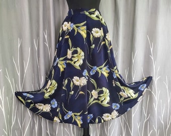 NAVy ROMANCE ~ Vintage 90s Floral Midi SKIRT, A-Line Pockets, Size Medium