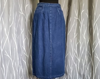 DENIM MIDI SKIRT Vintage 90s Y2K High Waist 100% Cotton Blue Jean Pencil Style 4 Pockets Side Zipper ~ Size 8