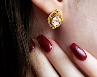 LiL'L ROSeyS ~ Pendientes de rosas vintage, filigrana de oro, porcelana rosa, estilo victoriano