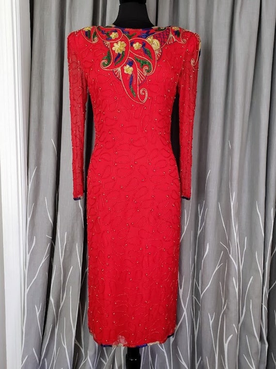 RED SEQUINED DRESS Vintage 80s Silk Christmas Flor