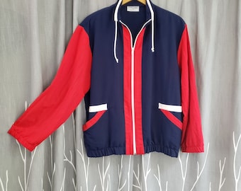 COLOR BLOCK JACKET Vintage 80s Women’s Long Sleeve Full Zipper Jogger, Two Front Pockets, Red White & Blue, Mock Turtleneck - Medium