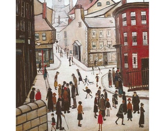 May include: A painting depicting a bustling street scene in a small town. The street is lined with buildings, including a church with a tall spire. There are many people walking around, some carrying shopping bags. The painting is executed in a realistic style, using muted colours.
