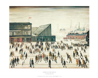 May include: A painting by L.S. Lowry titled "Going to the Match" shows a crowd of people walking towards a stadium. The stadium is a large, grey building with a red flag flying from the top. The people are dressed in simple clothes and are walking in a single file line. The painting is set in a city with factories and buildings in the background.