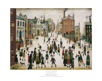 May include: A painting of a village square with many people walking around. The buildings are in a muted colour palette of browns, reds, and greys. The sky is a light grey. The painting is titled "A Village Square" by L.S. Lowry (1887-1976).
