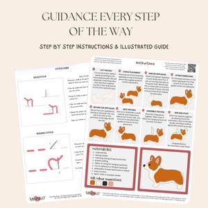 May include: A two-page instructional guide for a felt craft project featuring a corgi dog. The document includes text titled GUIDANCE EVERY STEP OF THE WAY, step-by-step sewing instructions, a materials list, and diagrams for backstitch and running stitch.