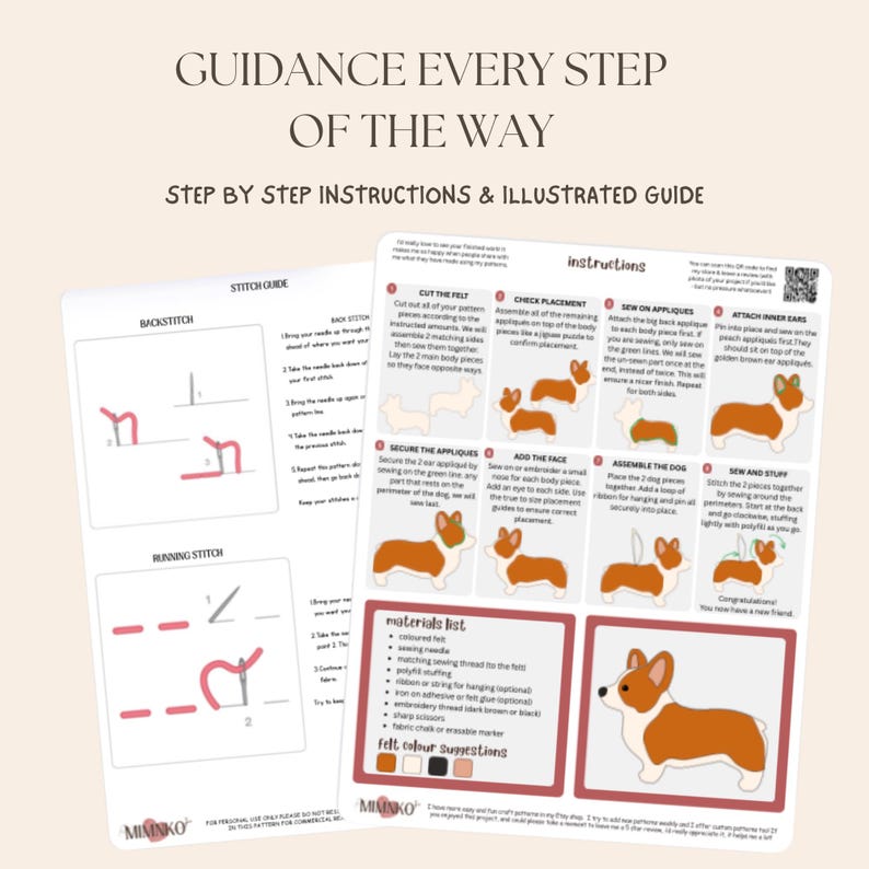 May include: A two-page instructional guide for a felt craft project featuring a corgi dog. The document includes text titled GUIDANCE EVERY STEP OF THE WAY, step-by-step sewing instructions, a materials list, and diagrams for backstitch and running stitch.