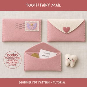May include: Three felt envelopes in dusty pink and cream, one with a stitched stamp featuring purple wings and a yellow star, one with a pink heart, and one open containing a gold coin and a card labeled special delivery, plus a small felt tooth.