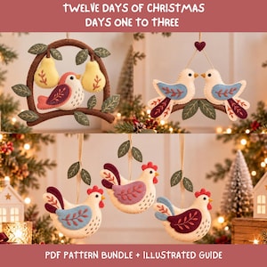 May include: A set of felt ornaments featuring the Twelve Days of Christmas, including a bird on a branch with two pears, two turtle doves, and three French hens. The ornaments are crafted with cream, red, blue, and brown felt with embroidered details.