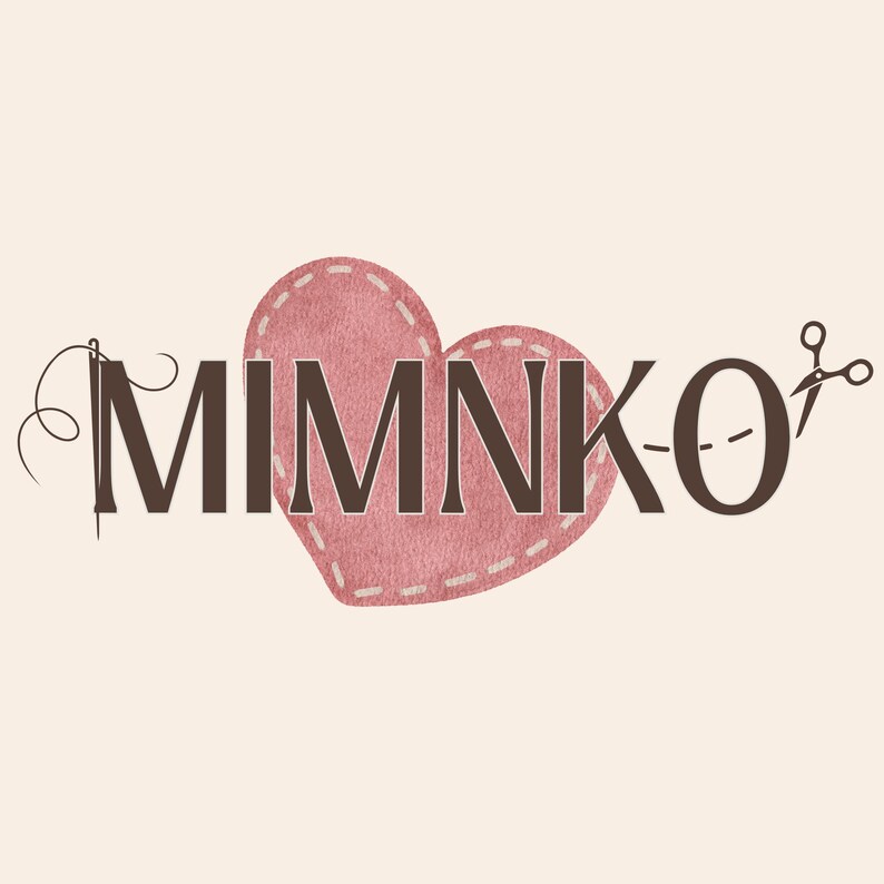 May include: A logo featuring the dark brown text MIMNKO centered on a light cream background. A large, textured, dusty rose heart sits behind the letters. A sewing needle is positioned to the left of the M, and small scissors are on the right.