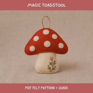 Può includere: Un ornamento in feltro a forma di fungo con un cappello rosso a pois bianchi e un gambo color crema. Il gambo è decorato con un piccolo fiore rosa ricamato e foglie verdi. Un sottile cordino marrone è fissato sulla parte superiore per appenderlo.