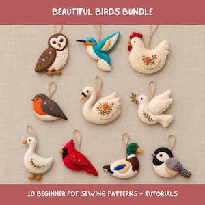 Könnte beinhalten: Eine Sammlung von zehn Filzvogel-Anhängern, darunter eine Eule, ein Kolibri, ein Huhn, ein Rotkehlchen, ein Schwan, eine Taube, eine Ente, ein Kardinal, eine Stockente und eine Meise. Jeder Vogel hat Stickereien und eine Aufhängeschlaufe.