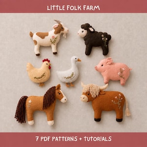 Könnte beinhalten: Eine Sammlung von sieben Filz-Tierornamenten, darunter eine Ziege, ein Schaf, ein Huhn, eine Ente, ein Schwein, ein Pferd und eine Kuh. Jede Figur hat gestickte Blumendetails. Der Text "LITTLE FOLK FARM" und "7 PDF PATTERNS + TUTORIALS" ist sichtbar.