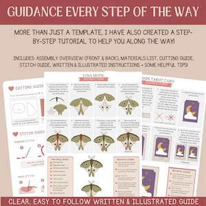 May include: A digital craft instruction guide featuring a Luna Moth and Moon Tarot Card pattern. The document includes a cutting guide, stitch guide, materials list, and step-by-step illustrated assembly instructions with text in English.