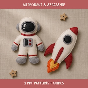 May include: A felt astronaut doll in a white suit with grey accents and a black visor, alongside a felt rocket ship in white, red, and orange with a black porthole. Two small wooden star shapes are included. Text reads ASTRONAUT & SPACESHIP.