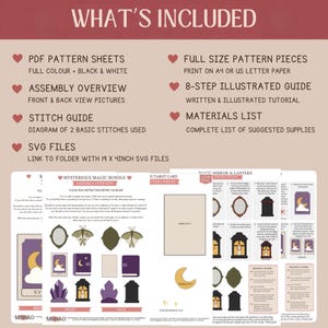 May include: A digital craft pattern bundle titled Mysterious Magic Bundle, featuring PDF pattern sheets, full-size pattern pieces for A4 or US letter paper, an 8-step illustrated assembly guide, a stitch guide, a materials list, and SVG files.