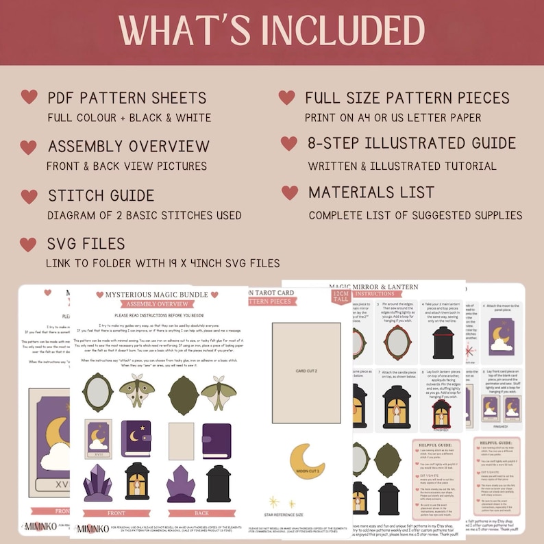 May include: A digital craft pattern bundle titled Mysterious Magic Bundle, featuring PDF pattern sheets, full-size pattern pieces for A4 or US letter paper, an 8-step illustrated assembly guide, a stitch guide, a materials list, and SVG files.
