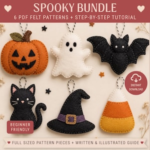Puede incluir: Un paquete digital titulado SPOOKY BUNDLE 6 PDF FELT PATTERNS + STEP-BY-STEP TUTORIAL que incluye seis adornos de fieltro: una calabaza naranja, un fantasma blanco, un murciélago negro, un gato negro, un sombrero de bruja y un dulce de maíz.