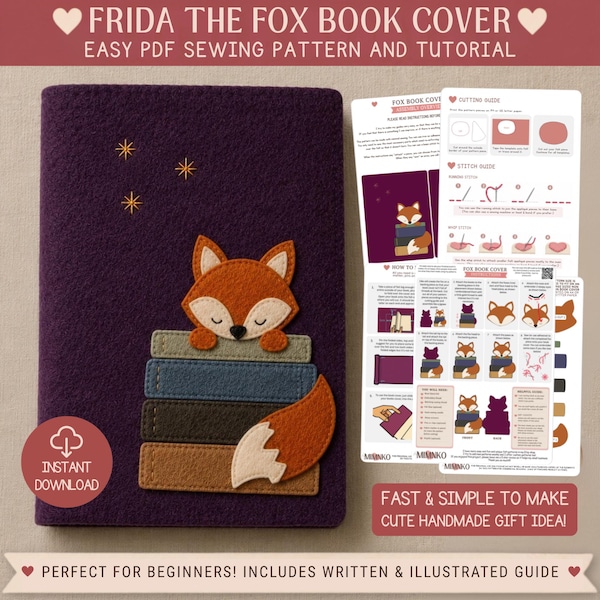 Fox Book Cover Pattern PDF Easy Felt Applique Sewing Tutorial Beginner Gift DIY