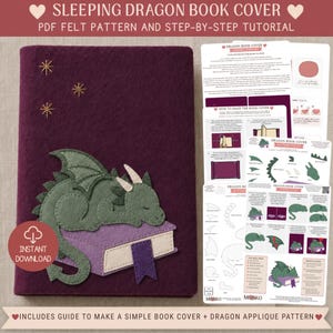Modello in feltro per copertina di libro con applicazione di drago, schema di cucito in PDF, lavoretto fantasy fai da te, regalo per appassionati di libri