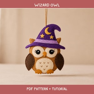 May include: A felt owl ornament featuring a purple wizard hat with a yellow crescent moon and two stars. The owl has brown wings, a cream-colored belly with small V-shaped markings, and large black eyes. A brown string is attached for hanging.