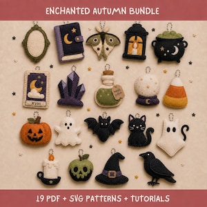 Halloween Ornaments, Easy Felt Sewing Patterns PDF SVG, Witch Pumpkin Ghost Black Cat Templates