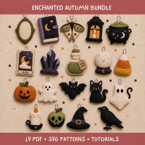 Halloween Ornaments, Easy Felt Sewing Patterns PDF SVG, Witch Pumpkin Ghost Black Cat Templates