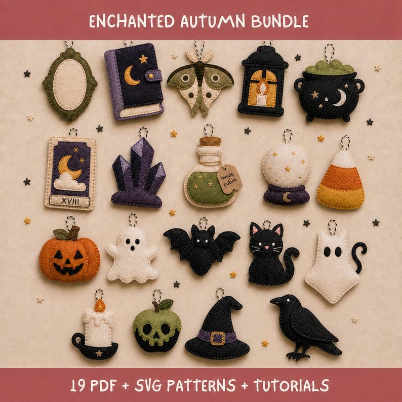 May include: A collection of nineteen felt ornaments featuring an enchanted autumn theme, including a mirror, book, moth, lantern, cauldron, tarot card, crystals, potion bottle, crystal ball, candy corn, pumpkin, ghost, bat, cat, ghost cat, candle, skull apple, witch hat, and raven.