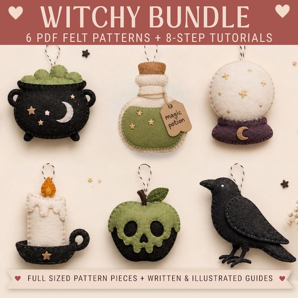 Witchy Halloween Sewing Bundle PDF, 6 Beginner Ornament Tutorials, Cauldron, Potion Bottle, Raven & Crystal Ball