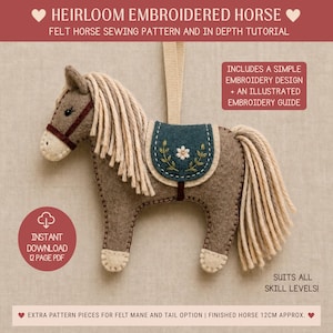 May include: A felt horse ornament with a tan body, cream-colored mane and tail, and a dark teal saddle featuring a white flower embroidery. The horse has a brown bridle and a beige hanging loop. Text includes HEIRLOOM EMBROIDERED HORSE, 12cm approx.