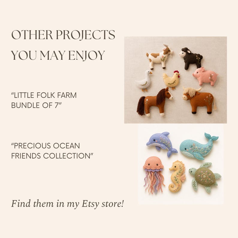 May include: A collection of felt animal ornaments including a farm set with a goat, sheep, goose, chicken, pig, horse, and cow, and an ocean set with a dolphin, whale, jellyfish, seahorse, and turtle, all featuring embroidered floral details.
