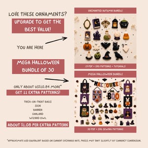 May include: A digital graphic comparing two craft pattern sets. The top section shows 19 felt ornaments including a pumpkin, ghost, and bat. The bottom section displays a mega bundle of 30 patterns featuring trick-or-treat bags, a banner, and signs.