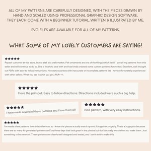 May include: A digital graphic featuring text about hand-drawn patterns, beginner tutorials, and SVG files. Below the text, five customer reviews are displayed, each accompanied by five black stars, highlighting positive feedback on pattern quality.