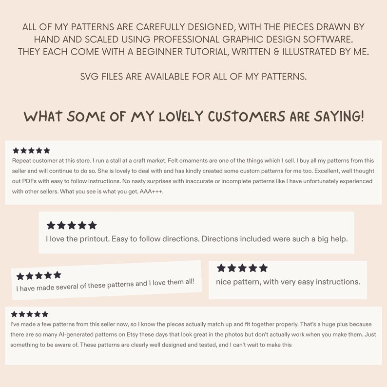 May include: A digital graphic featuring text about hand-drawn patterns, beginner tutorials, and SVG files. Below the text, five customer reviews are displayed, each accompanied by five black stars, highlighting positive feedback on pattern quality.