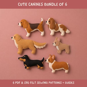 May include: A bundle of six felt dog figures featuring various breeds in shades of brown, tan, black, and white. The text CUTIE CANINES BUNDLE OF 6 and 6 PDF & SVG FELT SEWING PATTERNS + GUIDES is printed in white on a solid dusty rose background.