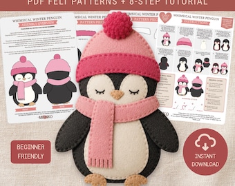 Winter Penguin Felt Ornament, Easy Sewing Pattern, DIY Craft Template, Handmade Christmas Gift